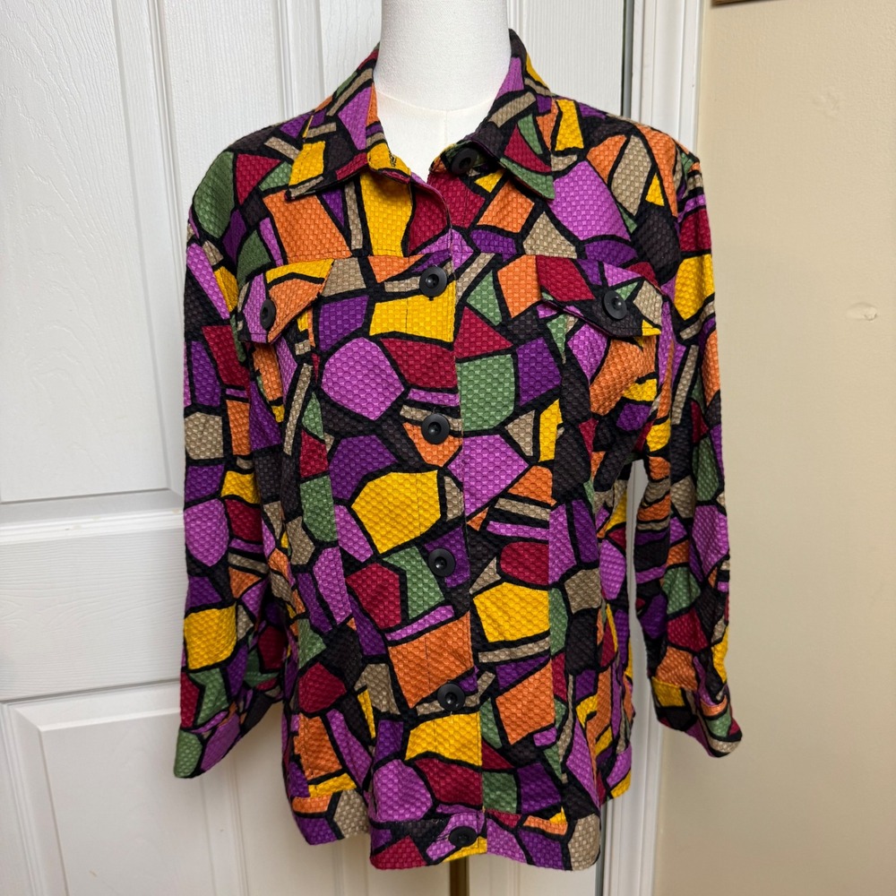 Linear Womens Stained Glass Mosaic Print Cotton Jacket Multi Color T52868M L